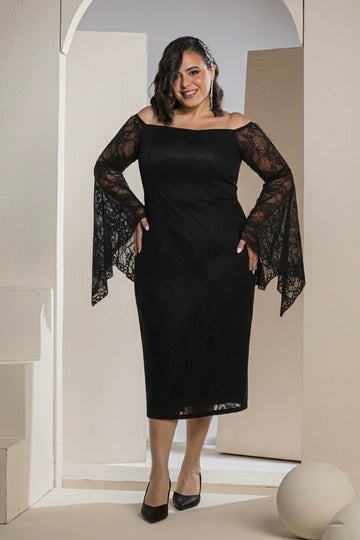 Butterfly Sleeve Lace Dress - Black